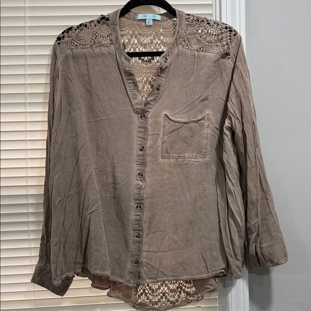 She and Sky Brown Button-Down Shirt with Crochet Detail